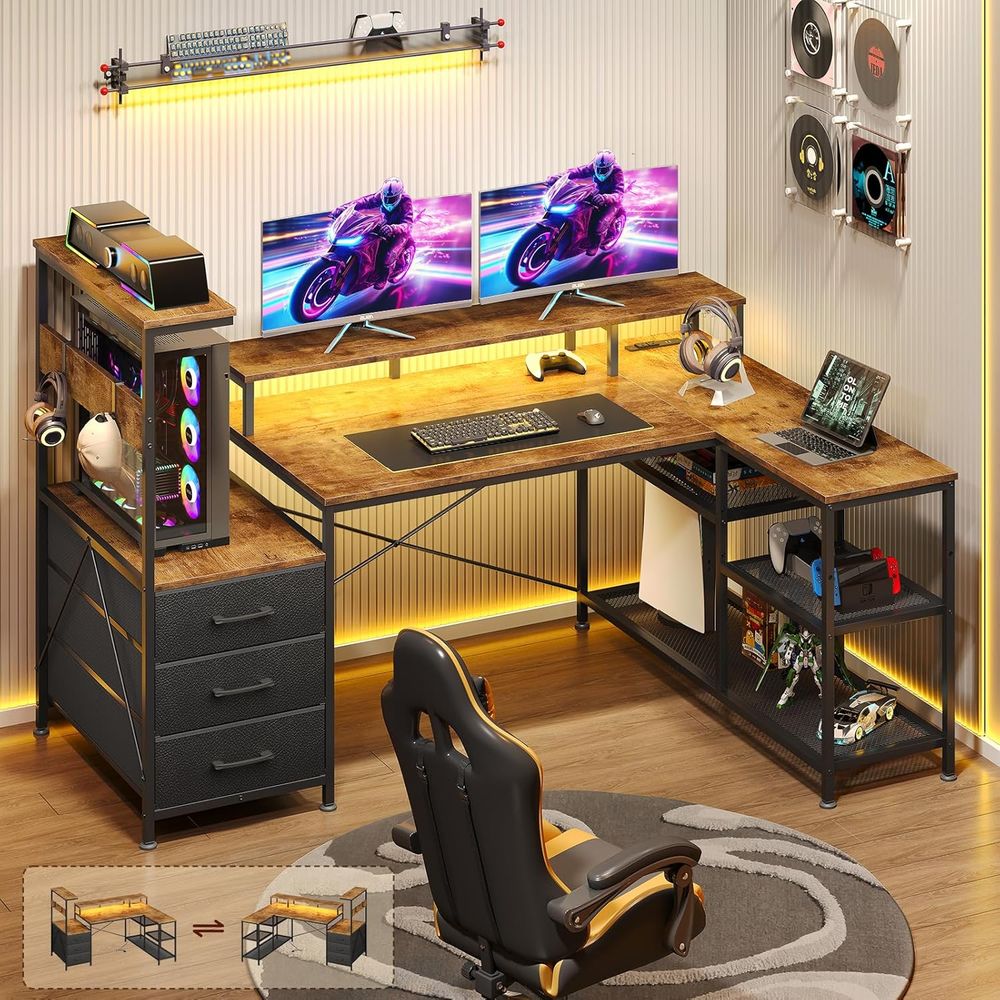 L-Shaped Gaming Desk with Draw - Monitor Stand recension och pris