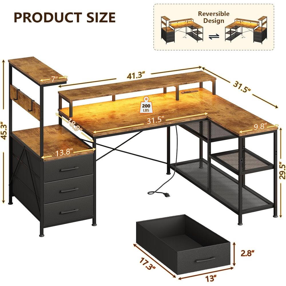 L-Shaped Gaming Desk with Draw - Monitor Stand recension och pris